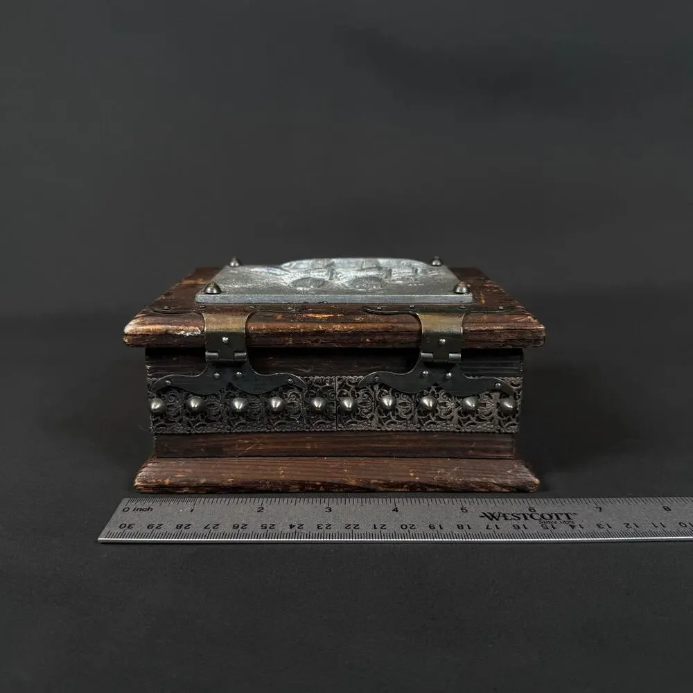 Vintage Wooden Trinket Box Metal Sailing Ship Relief Lid Metal Hardware